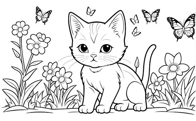 Cat sitting in grass with flying butterflies and flowers