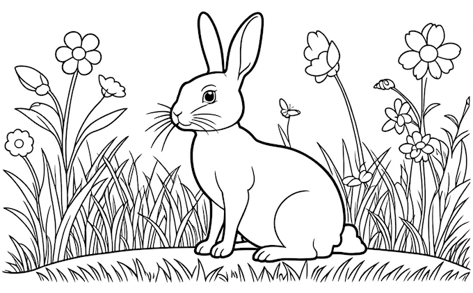 Rabbit sitting in grass with a butterfly and flowers, coloring page