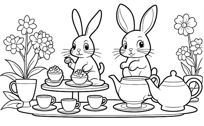 Rabbit and bunny having tea at flowered table