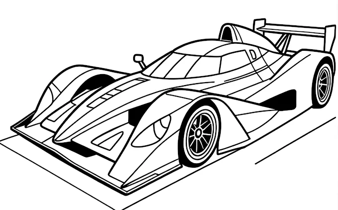 Racing car line drawing, black and white coloring page