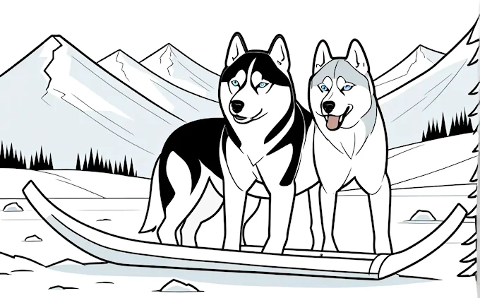 Two dogs sitting in a boat in snowy mountains, coloring page