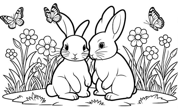 Two rabbits in grass with flying butterflies, furry art for children