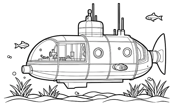 Submarine with fish and plants, line art coloring page