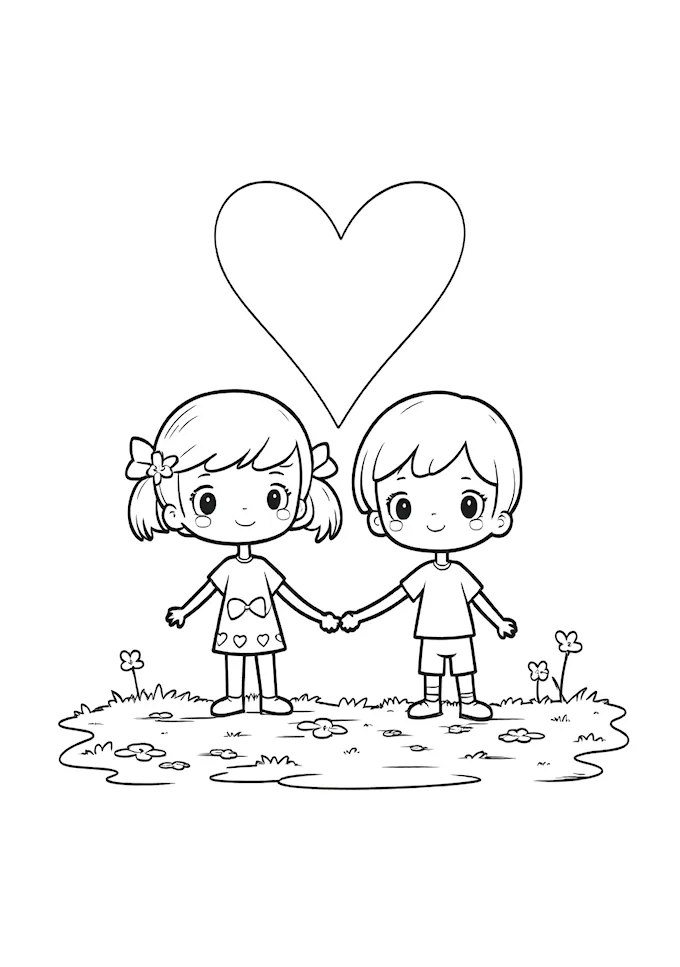 Children holding hands with heart outline coloring page