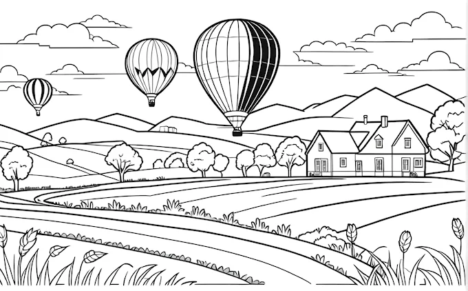 Hot air balloon over farm and house
