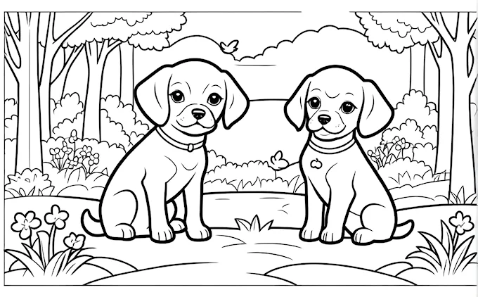 Two dogs sitting in the woods, free coloring page