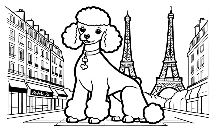 Detailed poodle in front of the Eiffel Tower