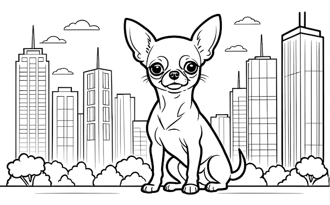 Chihuahua sitting in front of skyscrapers