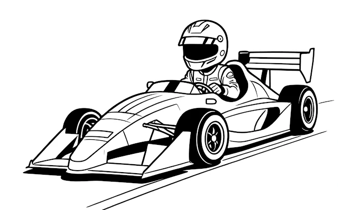 Race car on track, double helmets, black and white