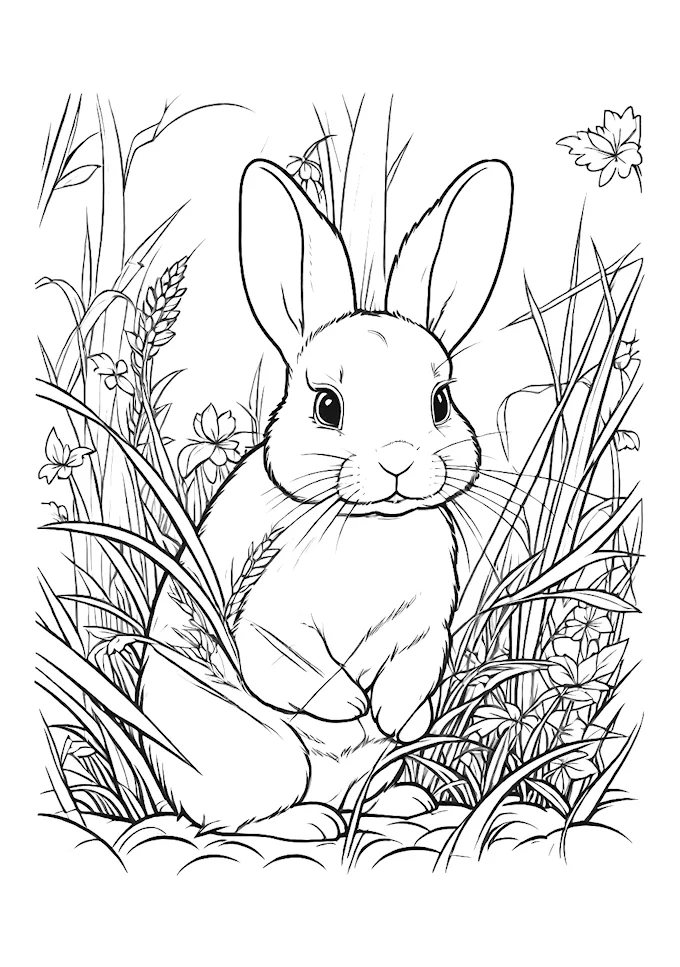 Adorable bunny in grassy vegetation black and white drawing