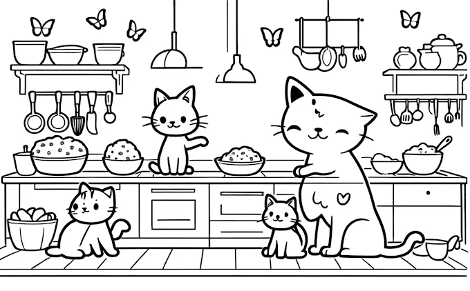 Cat and kittens in kitchen, computer art coloring page