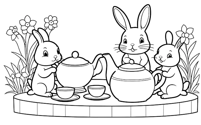 Rabbits having tea in garden, storybook illustration, naive art