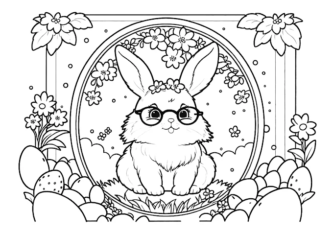 Fluffy bunny in egg-filled scene with surrounding flowers photo