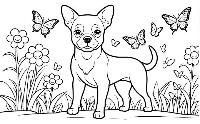 Dog standing in field with butterflies, second dog in background, lyco art