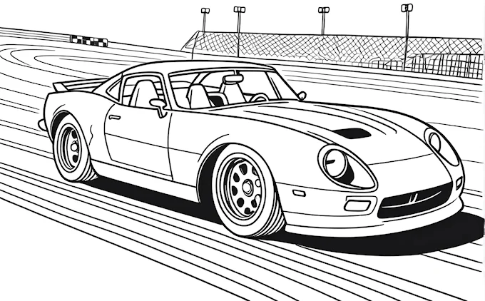 Car on track with front end line drawing, comic book style coloring page