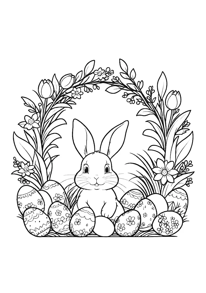 Bunny in egg-filled nest with floral Easter atmosphere