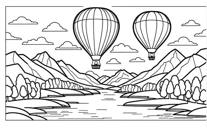 Hot air balloon over river and mountains