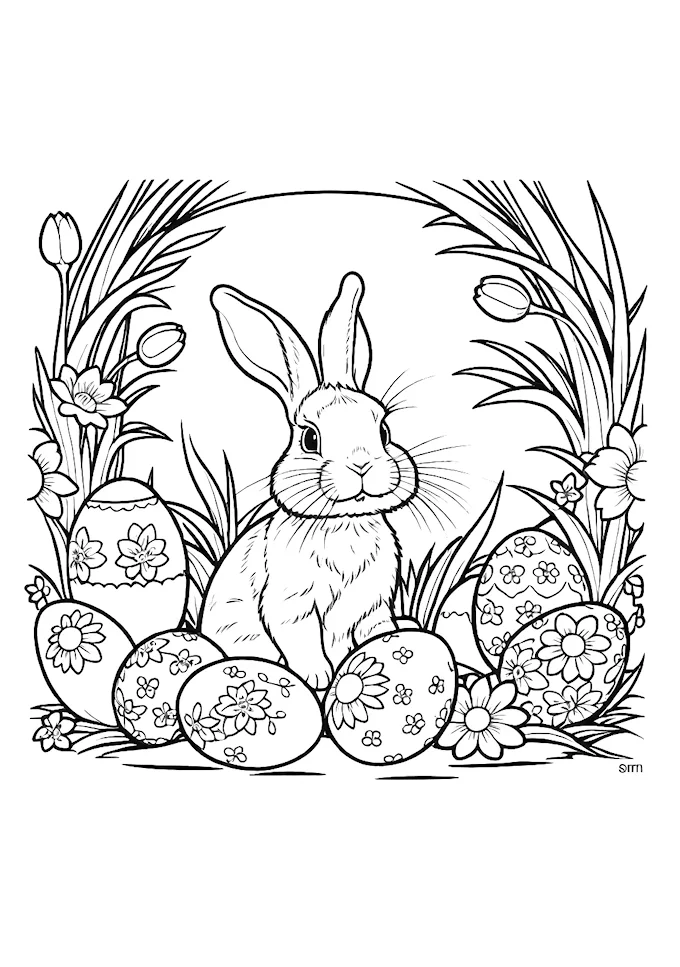 Monochrome Easter bunny in basket with eggs and flowers