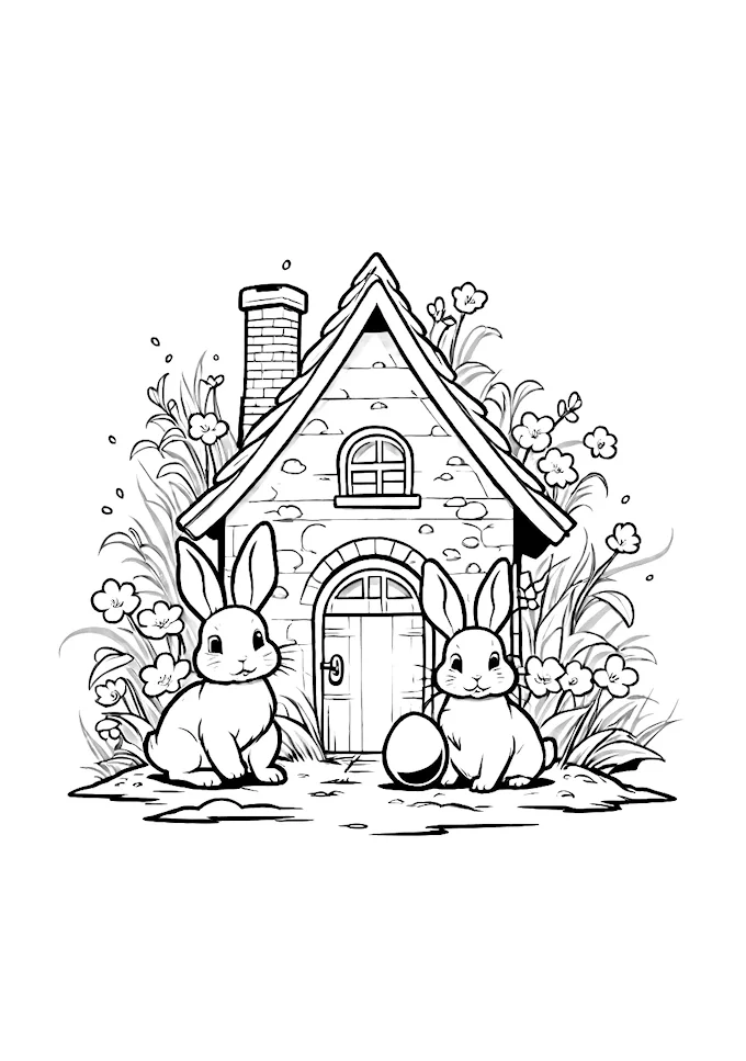 Charming rabbits near an old house with spring setting