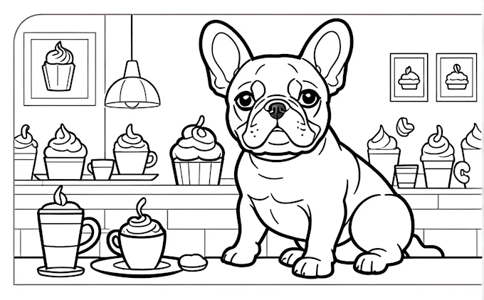Dog sitting in front of table with cupcakes, window with cupcake in background, line art