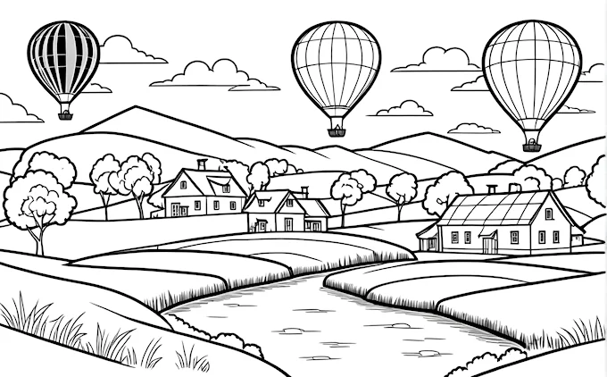 Hot air balloons over farm and river valley
