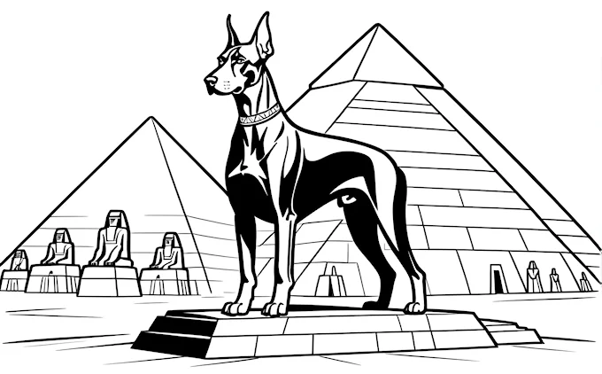 Dog in front of pyramid with Egyptian symbols