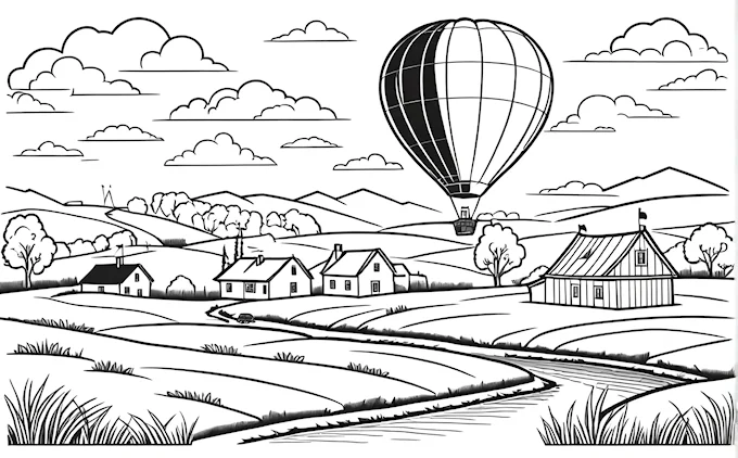 Hot air balloon over countryside with stream and farm