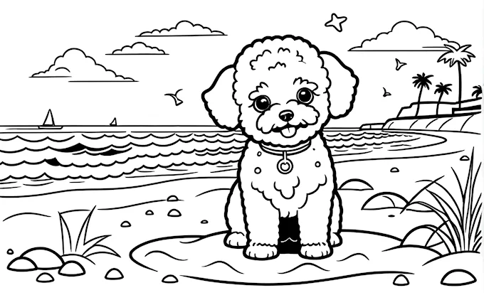 Dog on beach with boat in background, line art coloring page for all ages