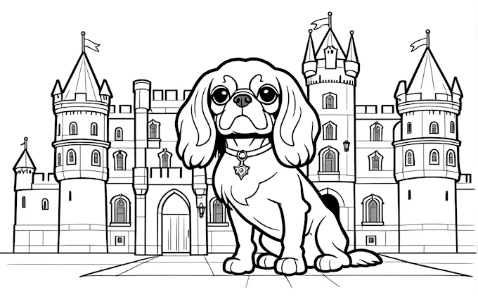 Dog sitting in front of castle with collar around neck, line art