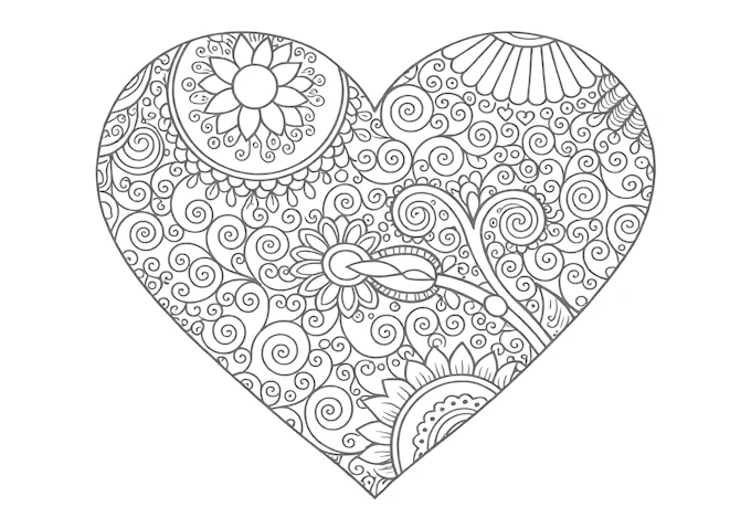 Heart with spirals and swirls design coloring page