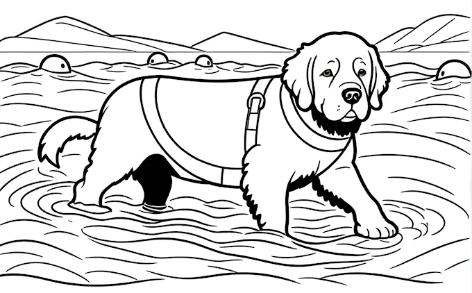 Dog with life jacket in water and mountains