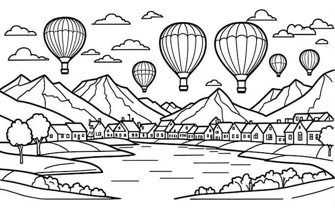 Hot air balloons over town and mountains