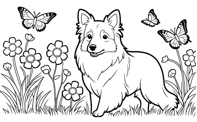 Dog in field with butterflies and flowers, butterfly flying over