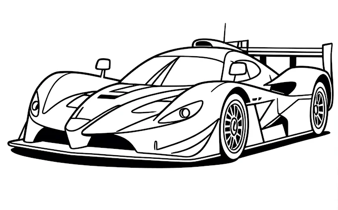 Race car front view with front wheel, black and white outline coloring page