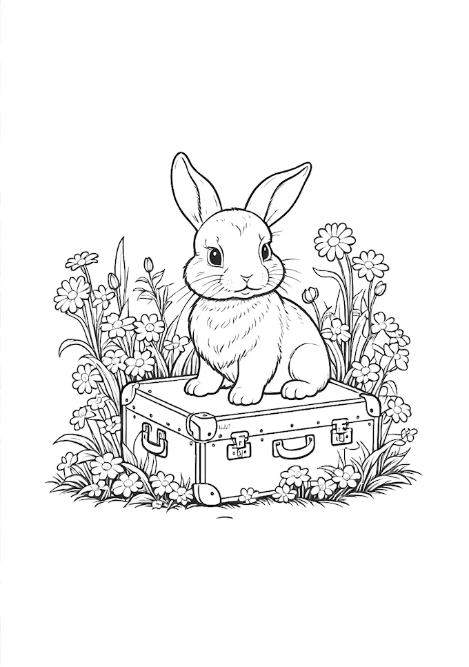 Bunny on Old Suitcase in Garden Setting Coloring Page