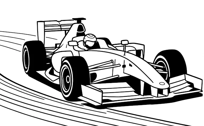 Race car driving on track with driver, black and white line art