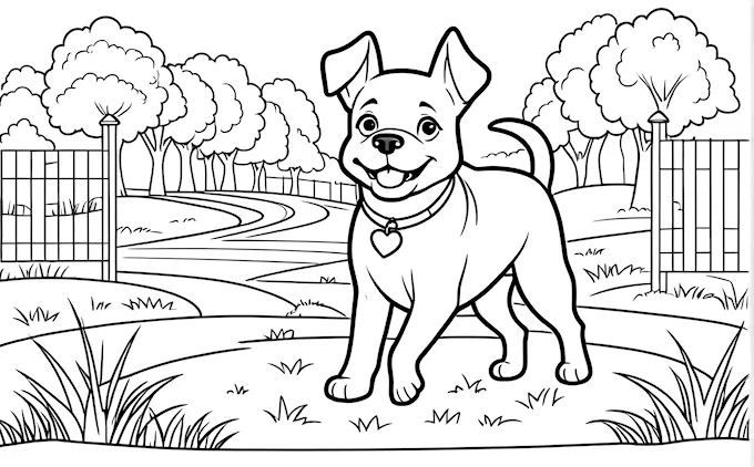 Dog near fence with trees and bushes, coloring page