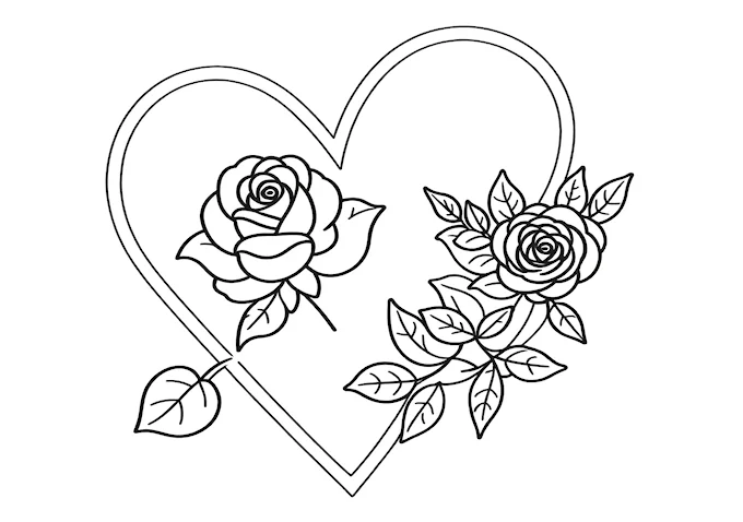Metallic heart with rose and leaf embellishments coloring page