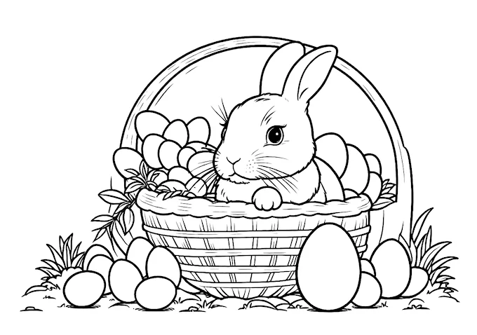 Brown and white bunny in egg basket coloring page