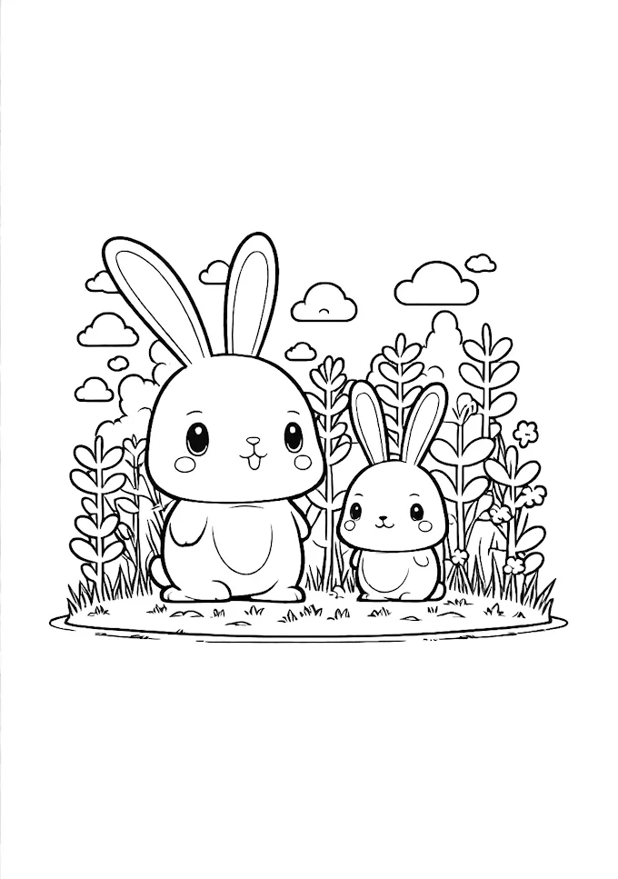 Cute bunnies enjoying nature in a grassy field coloring page