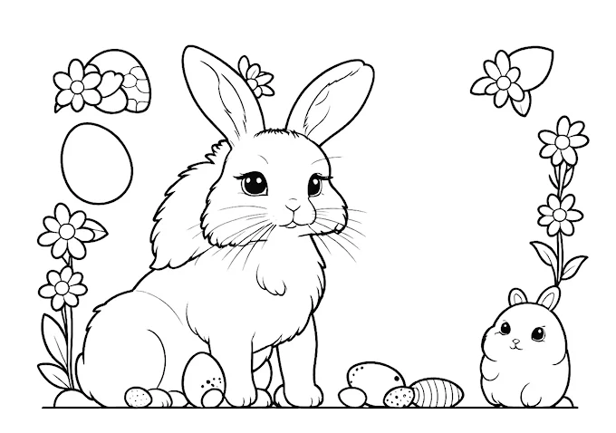 Bunny with Easter Eggs and Flowers Coloring Page