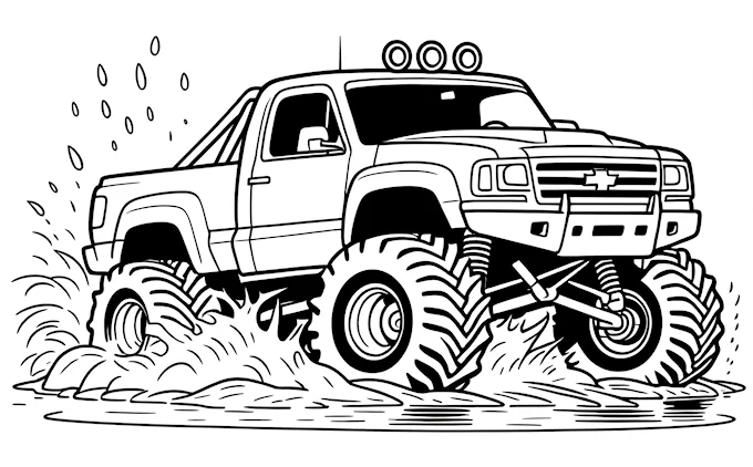 Monster truck driving through a puddle, splashing water on tires, coloring page