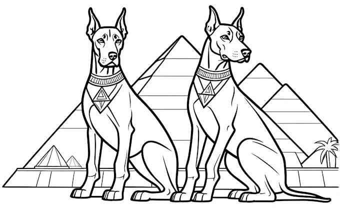 Two Egyptian dogs in front of pyramid