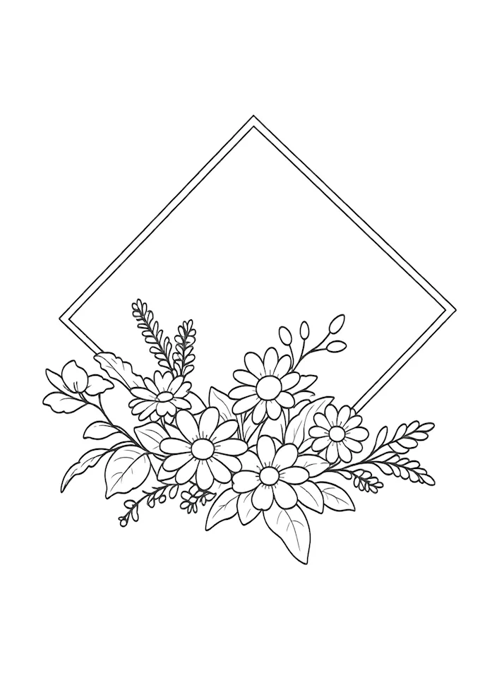 Daisy centerpiece in artistic flower arrangement coloring page
