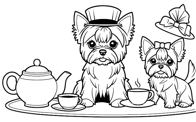 Dog and cat with teapot and teacup