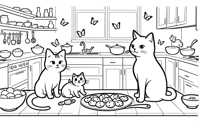 Three cats in kitchen with food and butterfly