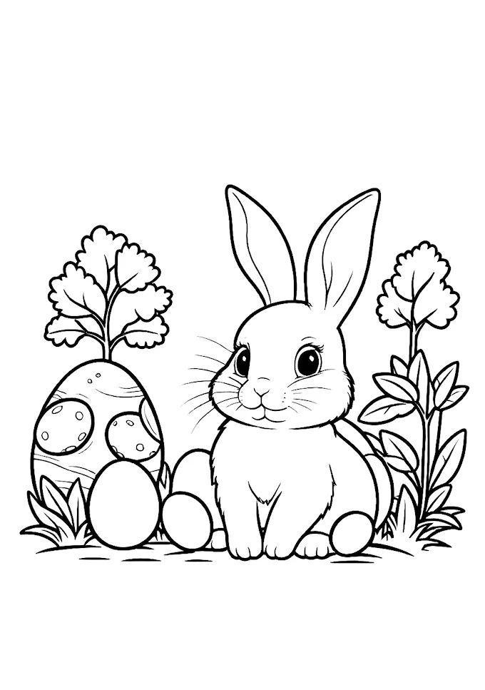 Black and white drawing of bunny with eggs under foliage