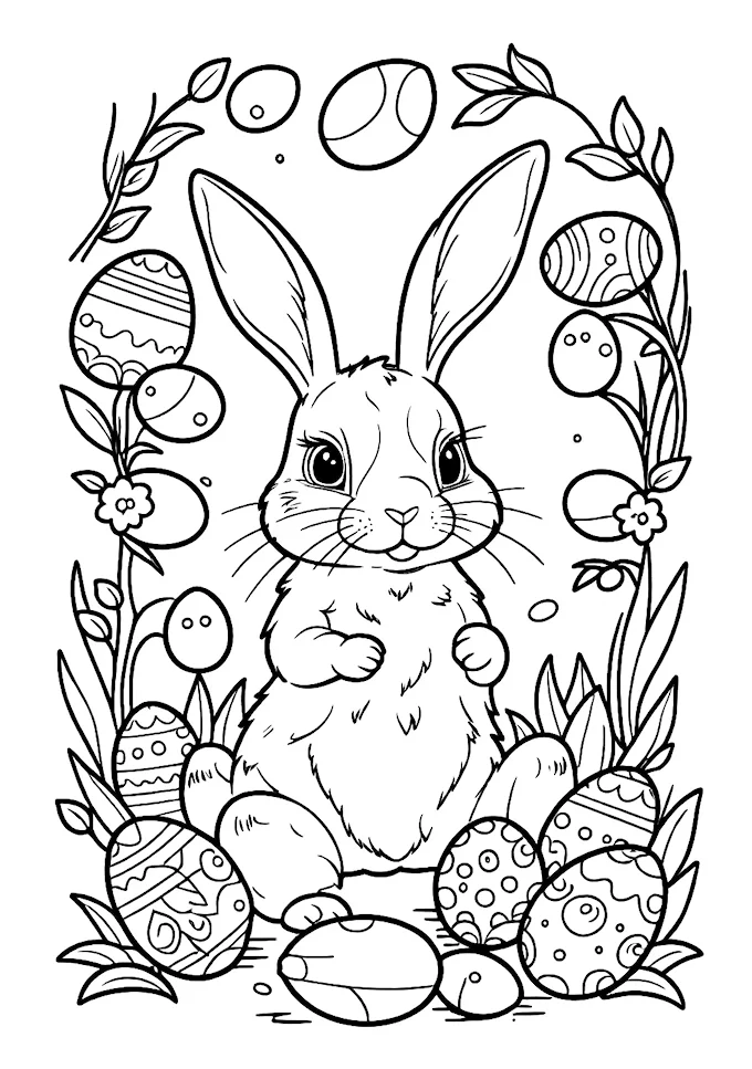 Cute bunny with eggs in a colorful setting coloring page