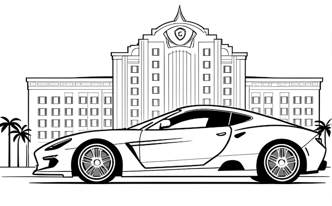 Parked car in front of building with clock tower, coloring page