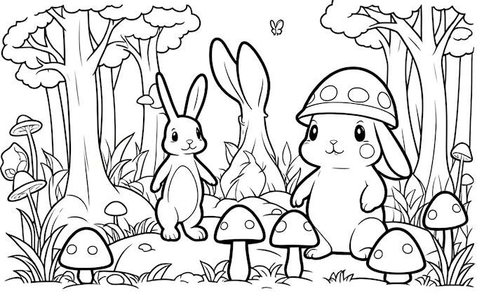 Cartoon rabbit and bunny in forest with mushrooms